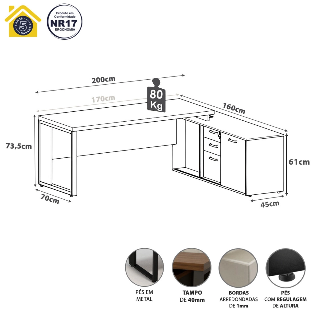 Mesa Dinâmica 1,70m c/ Armário e Cx de Tomadas Pés Metal F5 Cor:Macadâmia com Branco