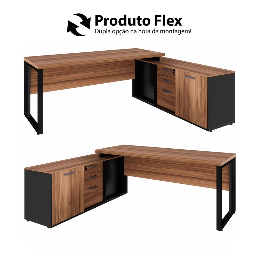 Mesa Dinâmica 1,70m c/ Armário e Cx de Tomadas Pés Metal F5 Cor:Nogal com Preto