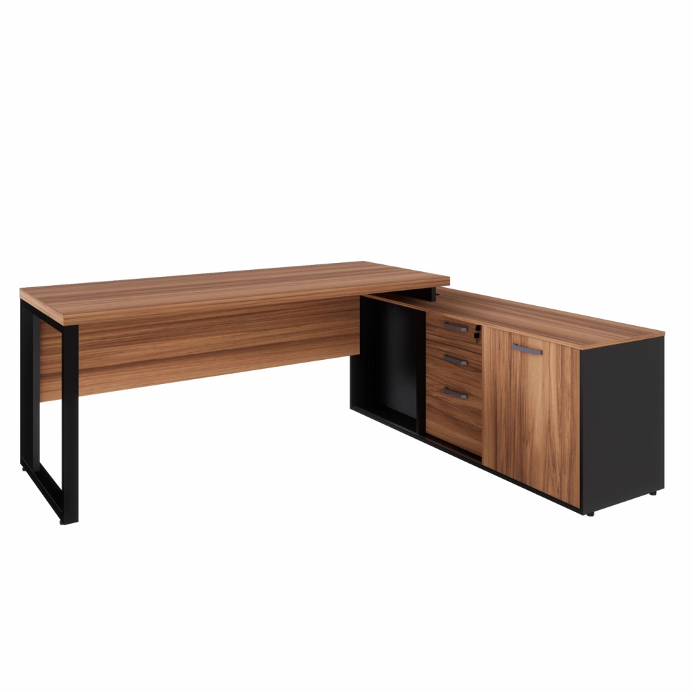 Mesa Dinâmica 1,70m c/ Armário e Cx de Tomadas Pés Metal F5 Cor:Nogal com Preto
