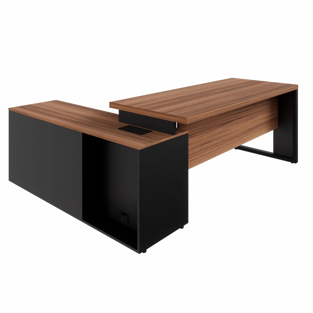 Mesa Dinâmica 1,70m c/ Armário e Cx de Tomadas Pés Metal F5 Cor:Nogal com Preto