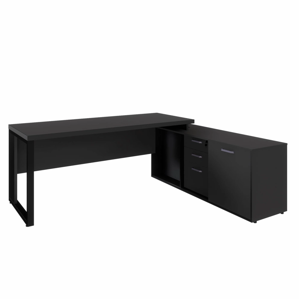 Mesa Dinâmica 1,70m c/ Armário e Cx de Tomadas Pés Metal F5 Cor:Preto