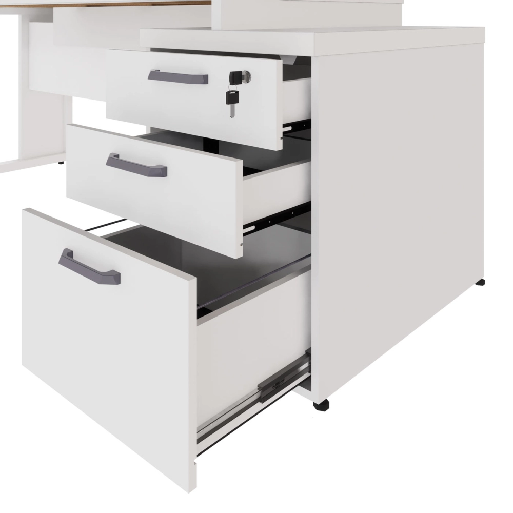 Mesa Diretor Escritório 1,50m a 1,72m 3 Gavetas Pé Metal F5 Cor:Branco