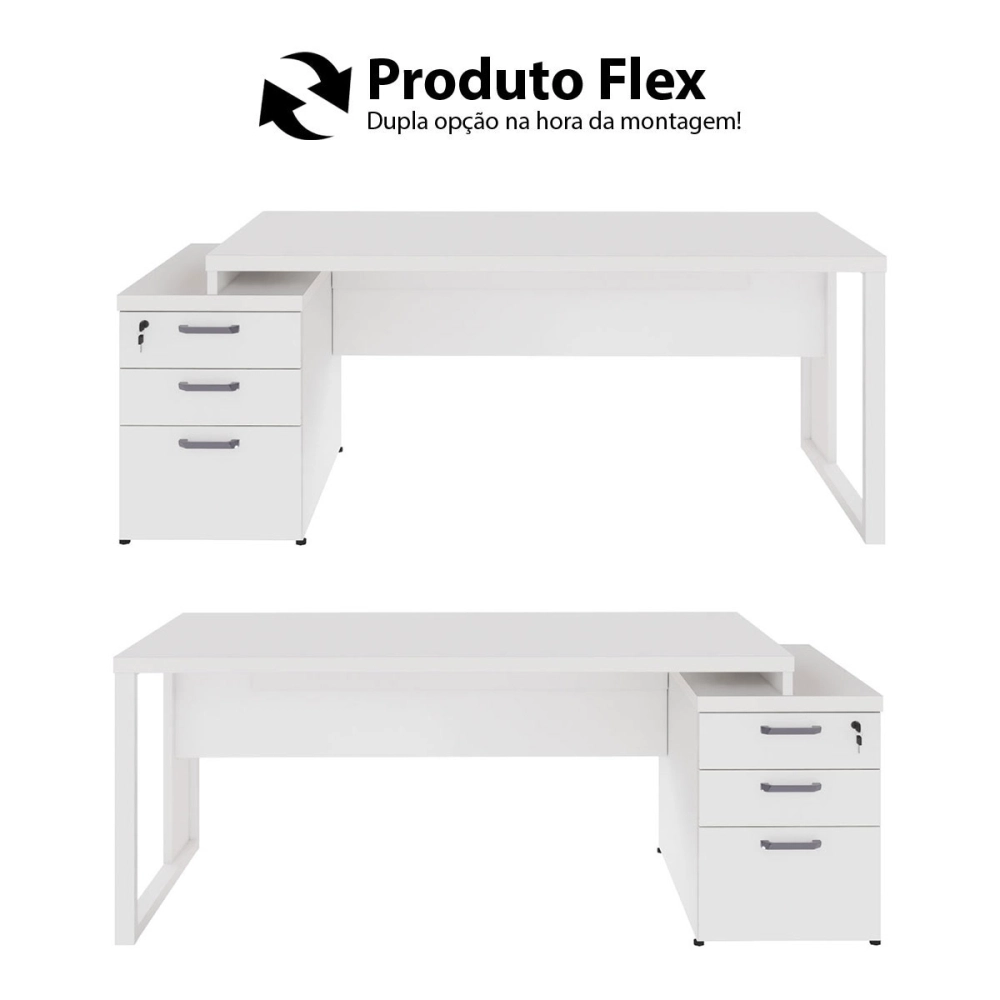 Mesa Diretor Escritório 1,50m a 1,72m 3 Gavetas Pé Metal F5 Cor:Branco