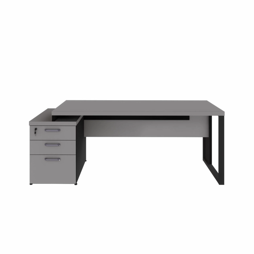 Mesa Diretor Escritório 1,50m a 1,72m 3 Gavetas Pé Metal F5 Cor:Cinza Sagrado com Preto