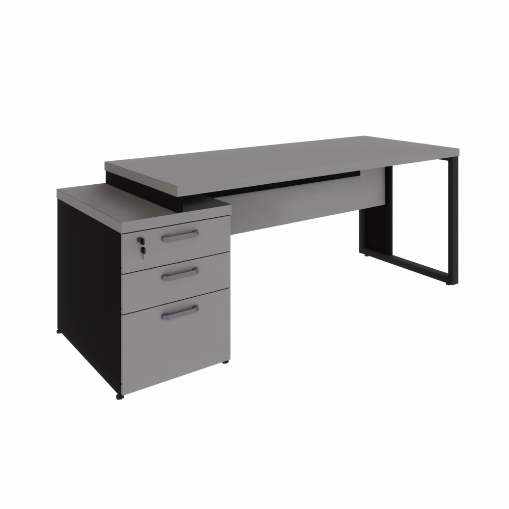 Mesa Diretor Escritório 1,50m a 1,72m 3 Gavetas Pé Metal F5 Cor:Cinza Sagrado com Preto