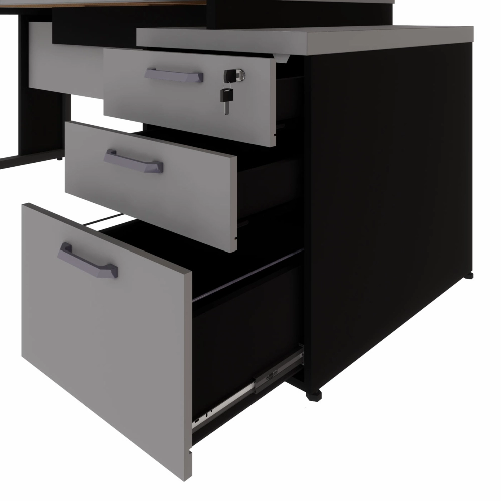 Mesa Diretor Escritório 1,50m a 1,72m 3 Gavetas Pé Metal F5 Cor:Cinza Sagrado com Preto