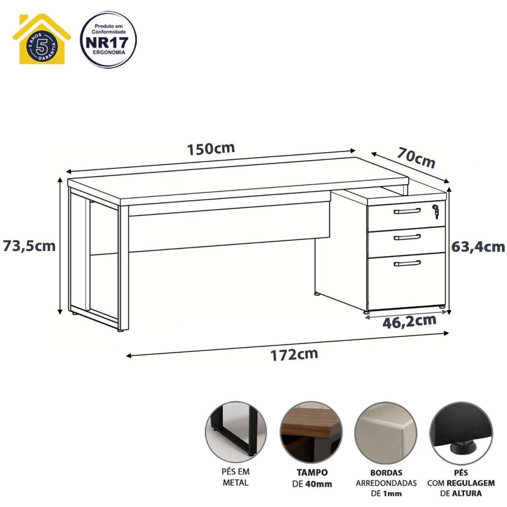 Mesa Diretor Escritório 1,50m a 1,72m 3 Gavetas Pé Metal F5 Cor:Macadâmia com Branco