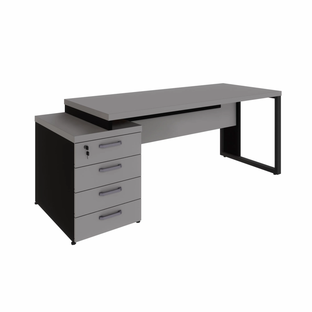 Mesa Diretor Escritório 150cm a 172cm 4 Gavetas Pé Metal F5 Cor:Cinza Sagrado com Preto