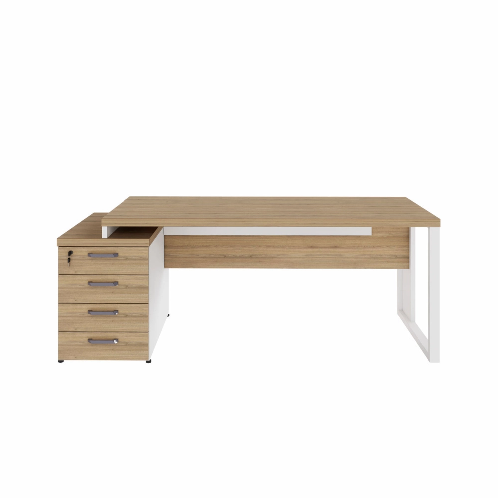 Mesa Diretor Escritório 150cm a 172cm 4 Gavetas Pé Metal F5 Cor:Macadâmia com Branco
