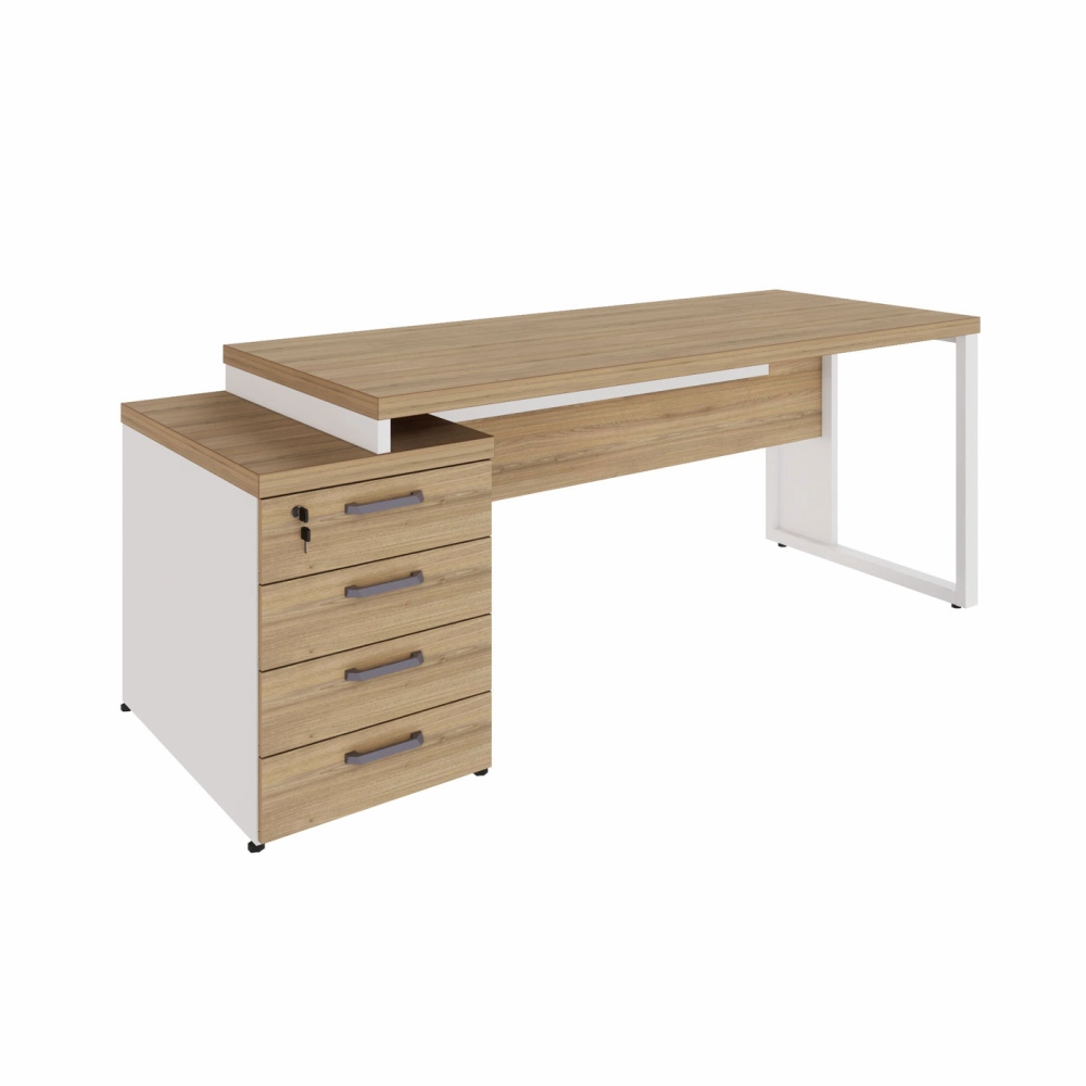 Mesa Diretor Escritório 150cm a 172cm 4 Gavetas Pé Metal F5 Cor:Macadâmia com Branco