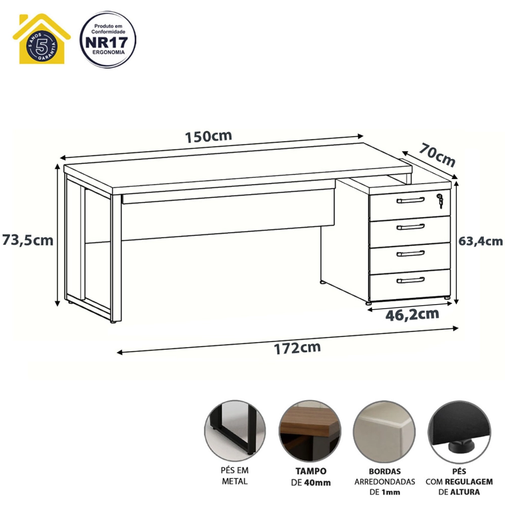 Mesa Diretor Escritório 150cm a 172cm 4 Gavetas Pé Metal F5 Cor:Macadâmia com Branco