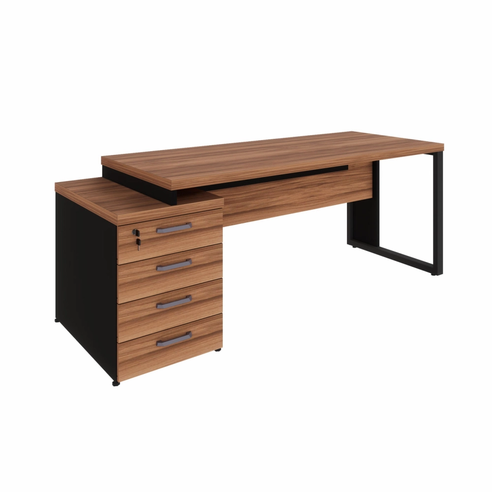 Mesa Diretor Escritório 150cm a 172cm 4 Gavetas Pé Metal F5 Cor:Nogal com Preto