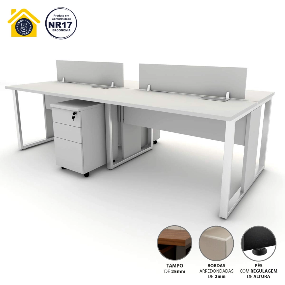 Mesa Dupla 2,40m p/ 4 pessoas c/ 2 Gav. e Divisória Cinza F5 Cor:Cinza