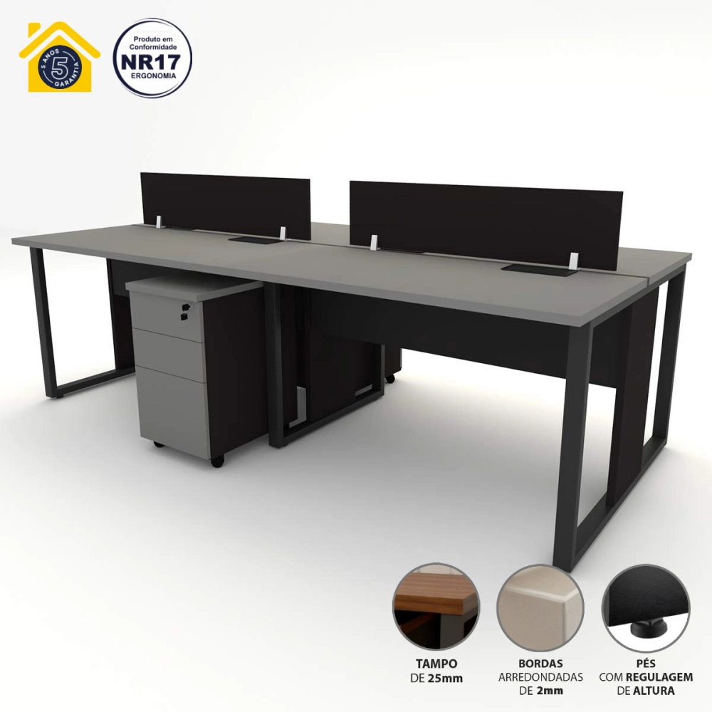 Mesa Dupla 2,40m p/ 4 pessoas c/ 2 Gav. e Divisória CS Pr F5 Cor:Cinza Sagrado com Preto