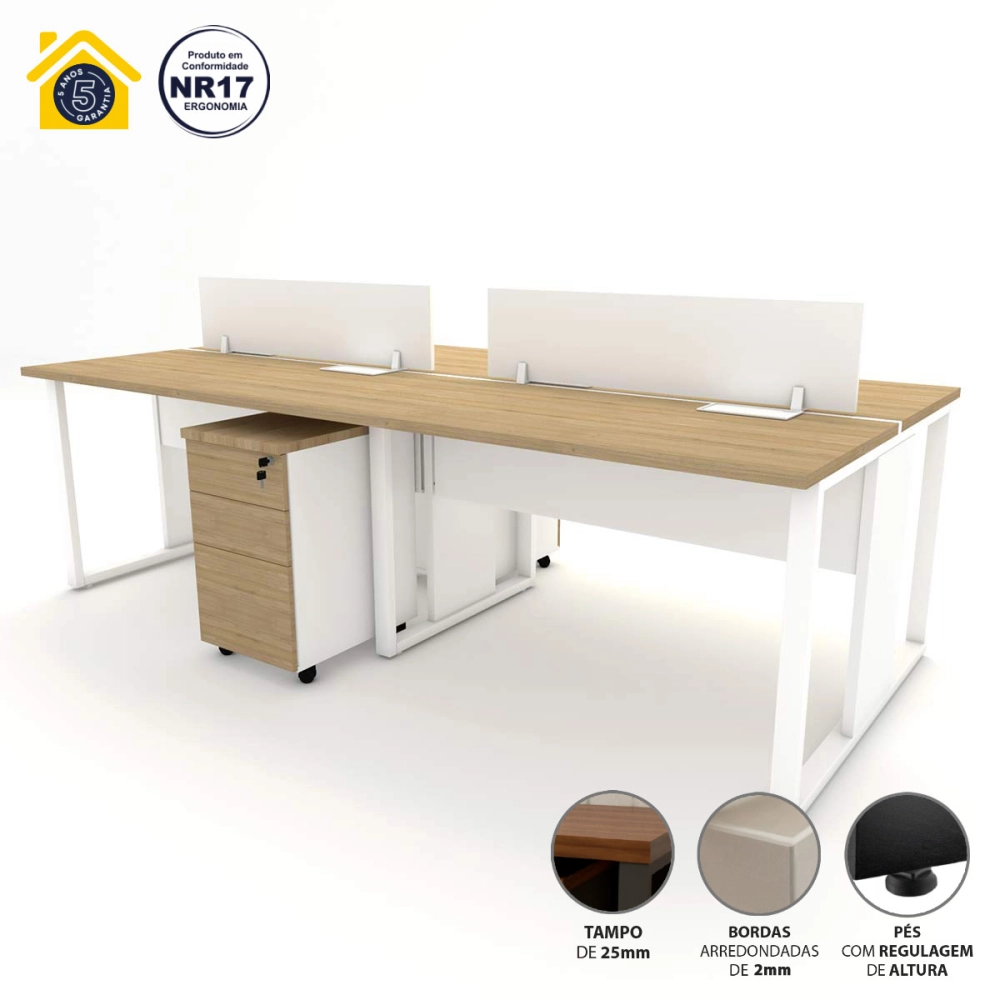 Mesa Dupla 2,40m p/ 4 pessoas c/ 2 Gav. e Divisória Mac B F5 Cor:Macadamia com Branco