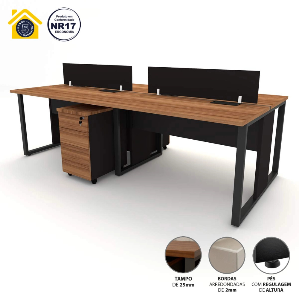 Mesa Dupla 2,40m p/ 4 pessoas c/ 2 Gav. e Divisória Nogal F5 Cor:Nogal com Preto