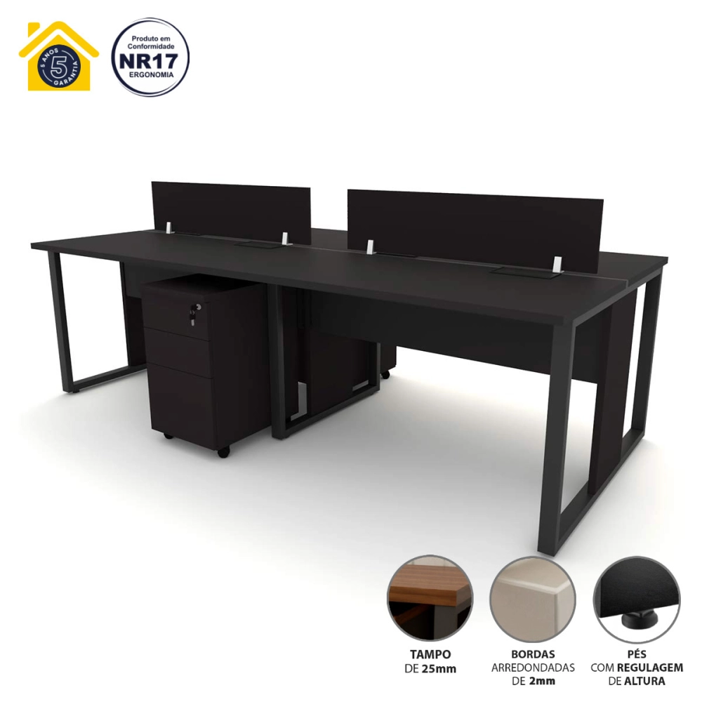 Mesa Dupla 2,40m p/ 4 pessoas c/ 2 Gav. e Divisória Preto F5 Cor:Preto