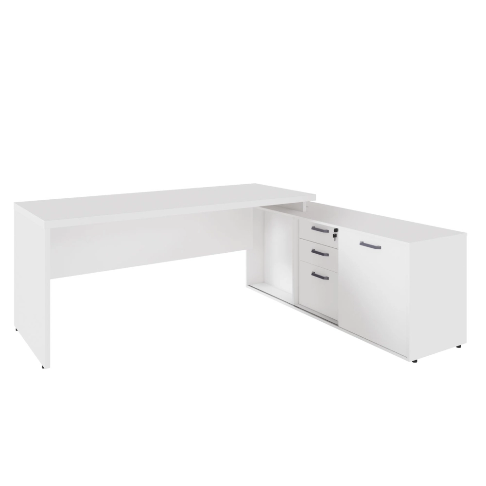 Mesa Escritório 1,70m Armário e Cx de Tomadas Pés Painel F5 Cor:Branco