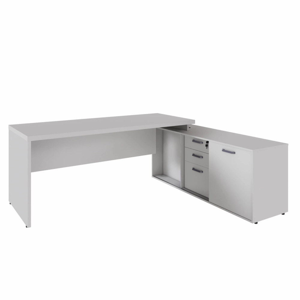 Mesa Escritório 1,70m Armário e Cx de Tomadas Pés Painel F5 Cor:Cinza