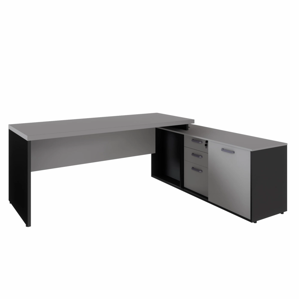 Mesa Escritório 1,70m Armário e Cx de Tomadas Pés Painel F5 Cor:Cinza Sagrado com Preto