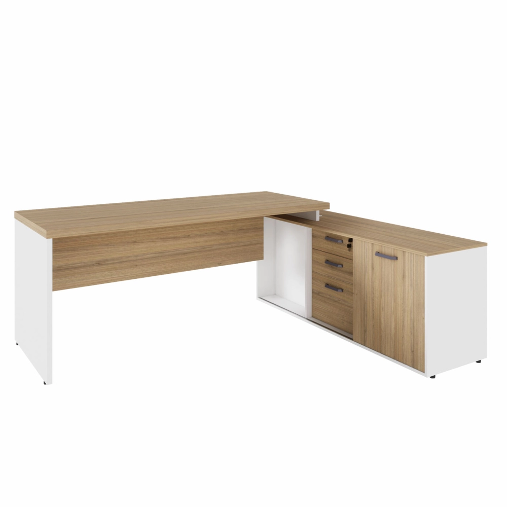Mesa Escritório 1,70m Armário e Cx de Tomadas Pés Painel F5 Cor:Macadâmia com Branco