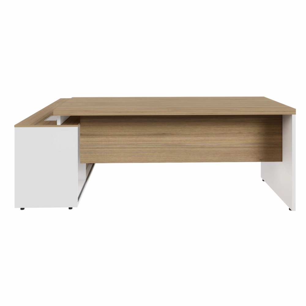 Mesa Escritório 1,70m Armário e Cx de Tomadas Pés Painel F5 Cor:Macadâmia com Branco