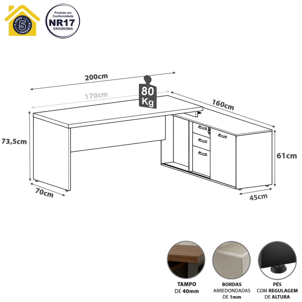 Mesa Escritório 1,70m Armário e Cx de Tomadas Pés Painel F5 Cor:Macadâmia com Branco