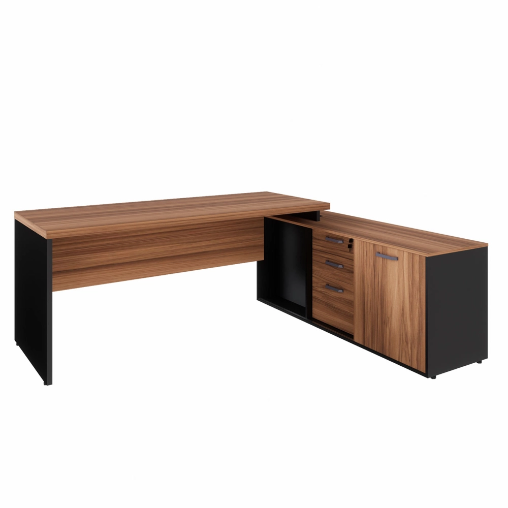 Mesa Escritório 1,70m Armário e Cx de Tomadas Pés Painel F5 Cor:Nogal com Preto