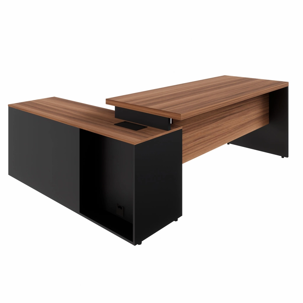 Mesa Escritório 1,70m Armário e Cx de Tomadas Pés Painel F5 Cor:Nogal com Preto