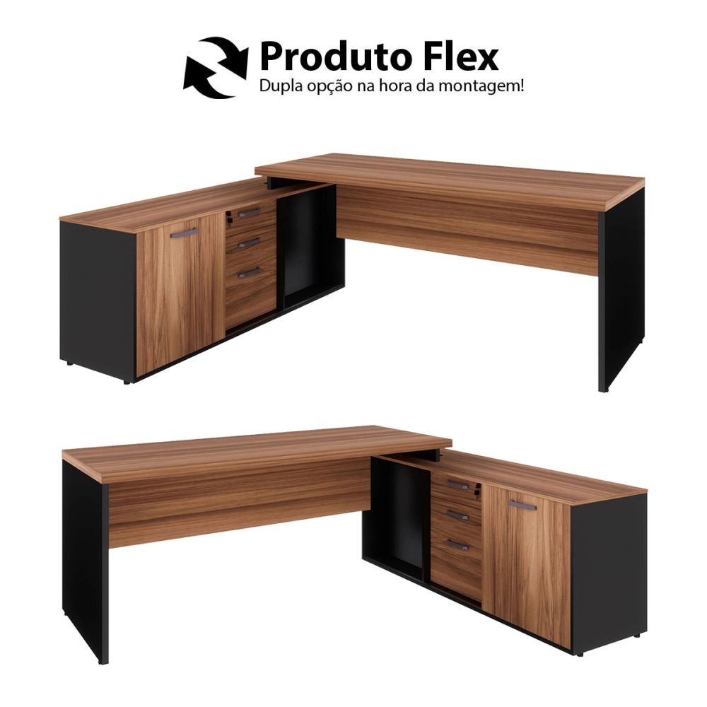 Mesa Escritório 1,70m Armário e Cx de Tomadas Pés Painel F5 Cor:Nogal com Preto