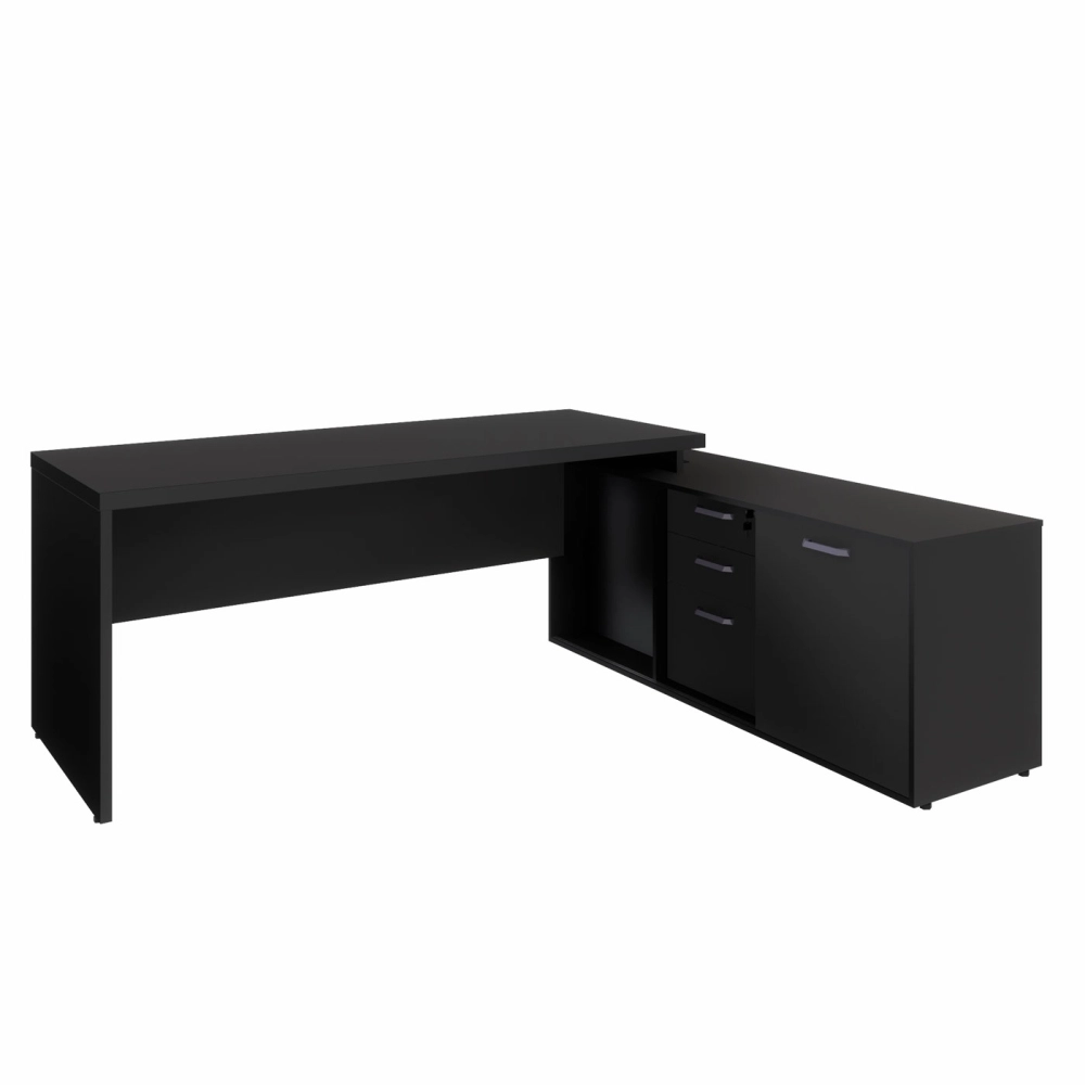 Mesa Escritório 1,70m Armário e Cx de Tomadas Pés Painel F5 Cor:Preto