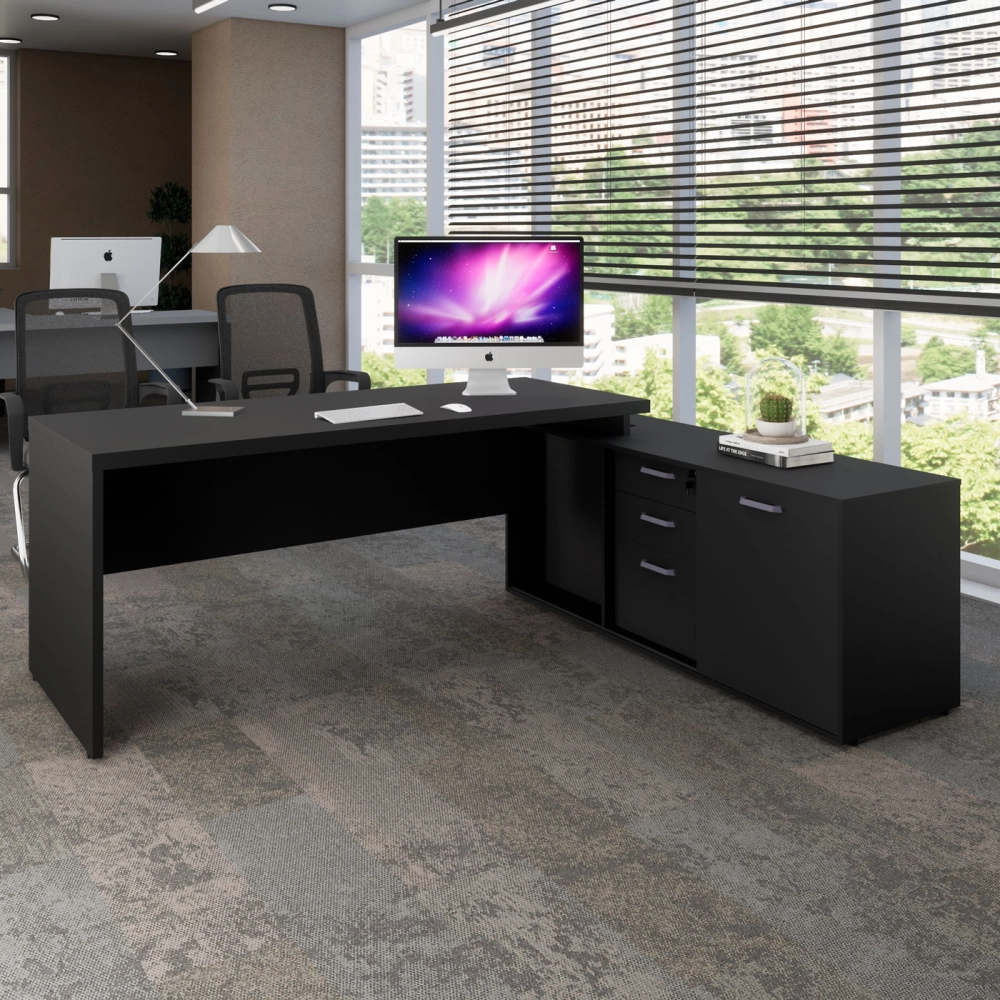 Mesa Escritório 1,70m Armário e Cx de Tomadas Pés Painel F5 Cor:Preto