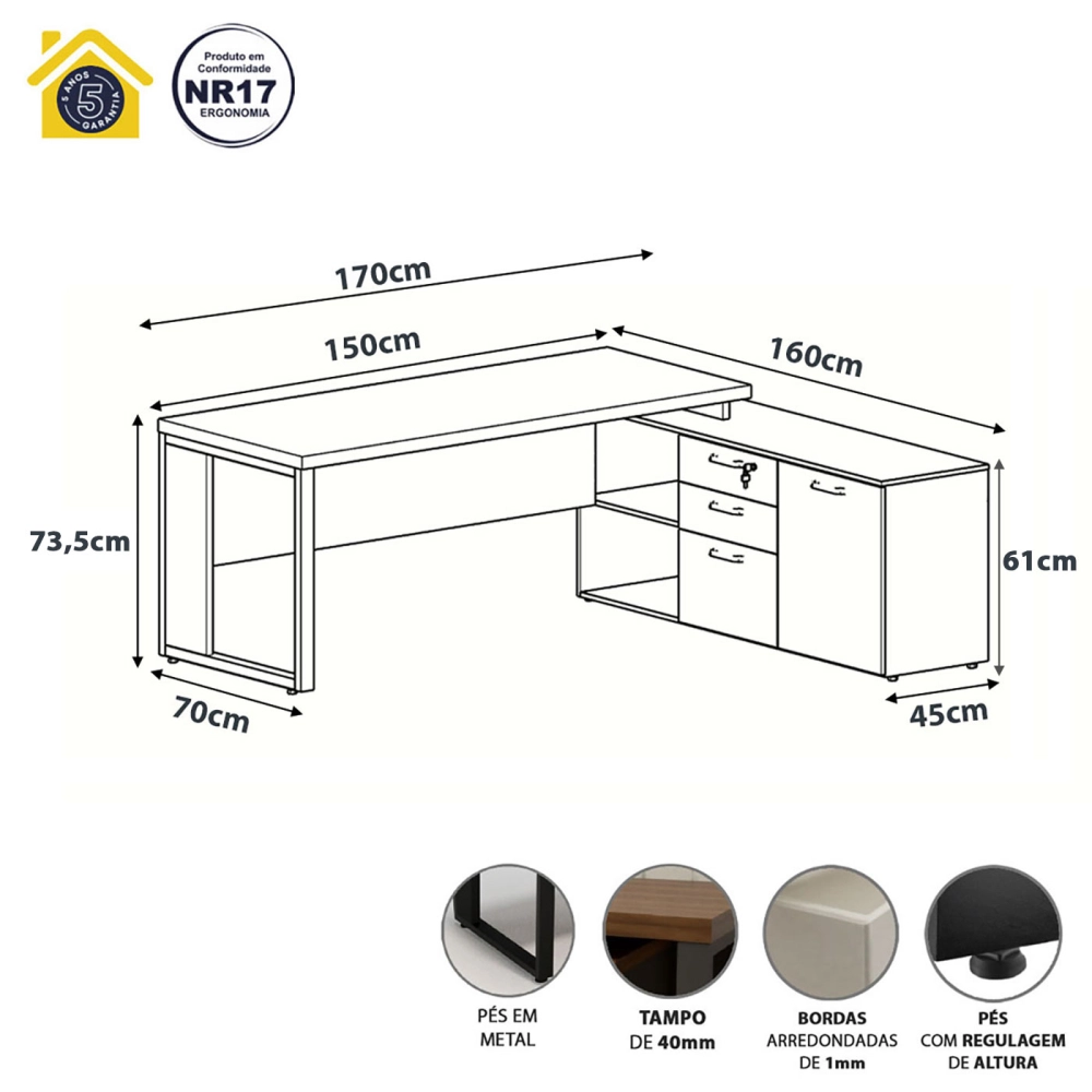Mesa Escritório Diretor em L Industrial 1,50m Pés Metal F5 Cor:Branco