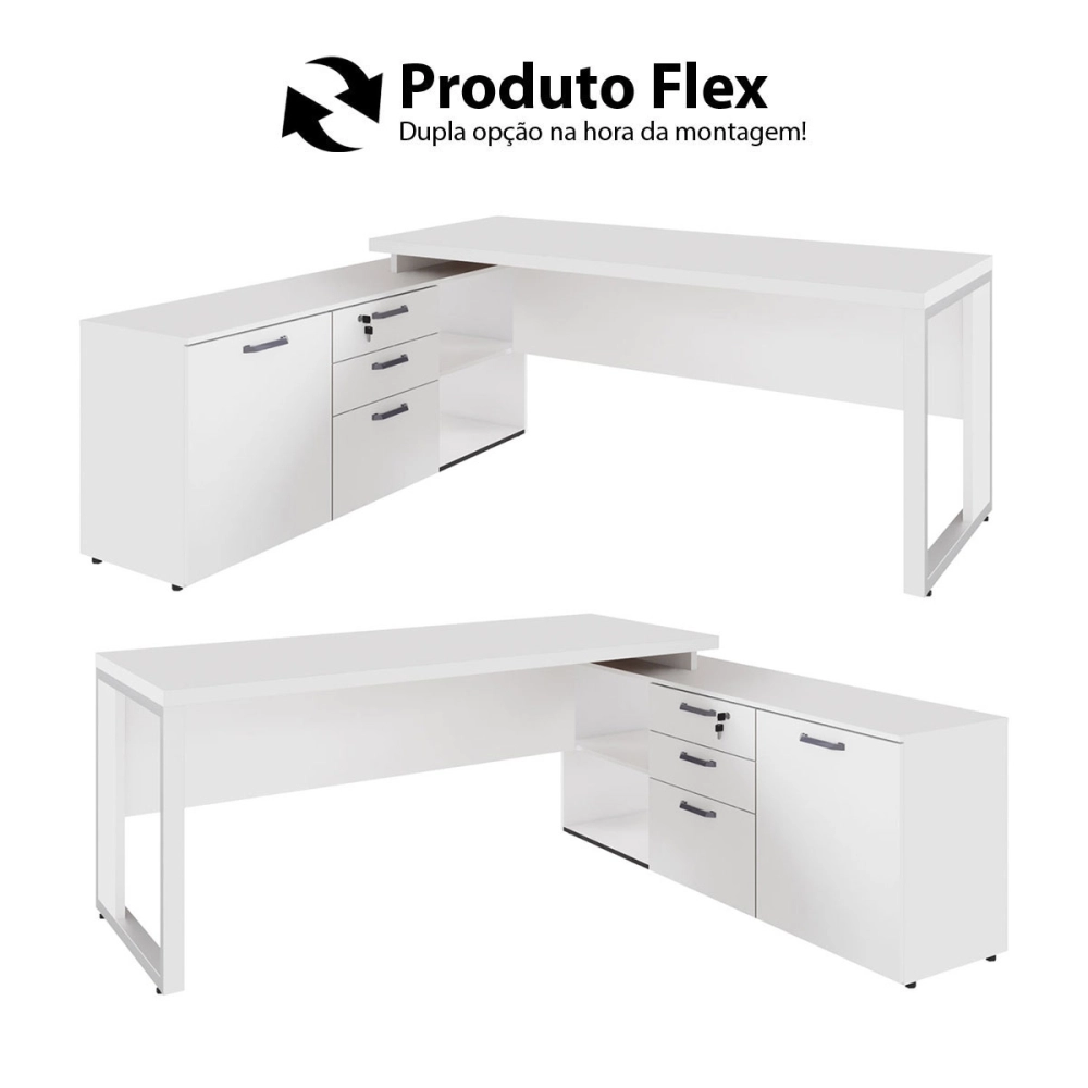 Mesa Escritório Diretor em L Industrial 1,50m Pés Metal F5 Cor:Branco