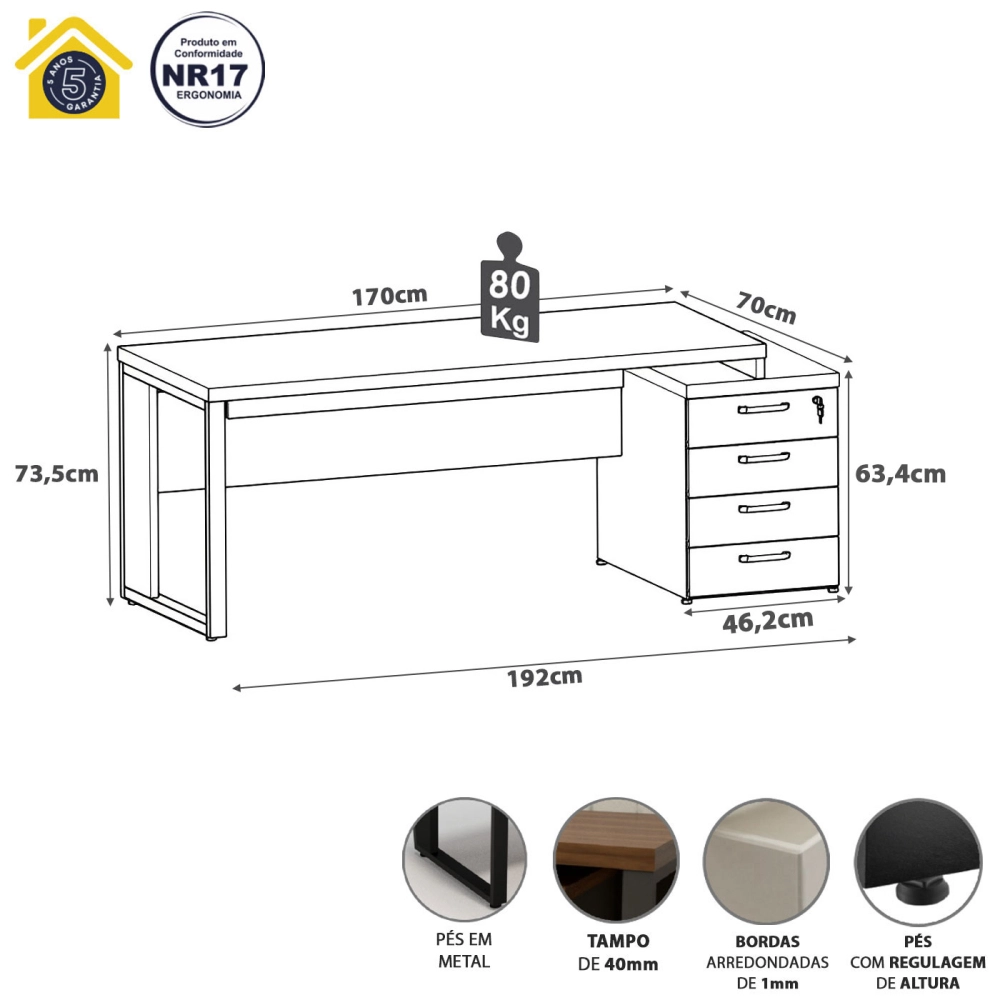 Mesa Escritório Extensível 1,70m a 1,92m 4 Gav. Pé Metal F5 Cor:Branco