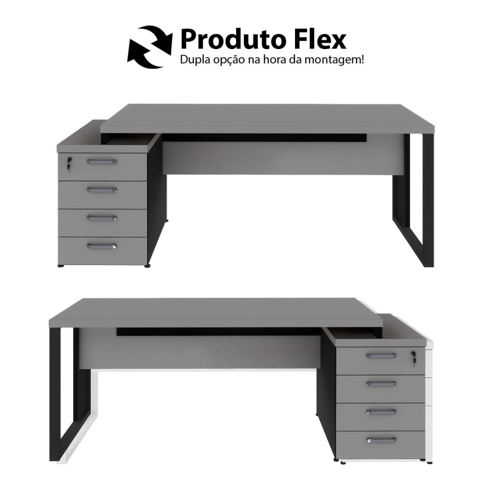 Mesa Escritório Extensível 1,70m a 1,92m 4 Gav. Pé Metal F5 Cor:Cinza Sagrado com Preto