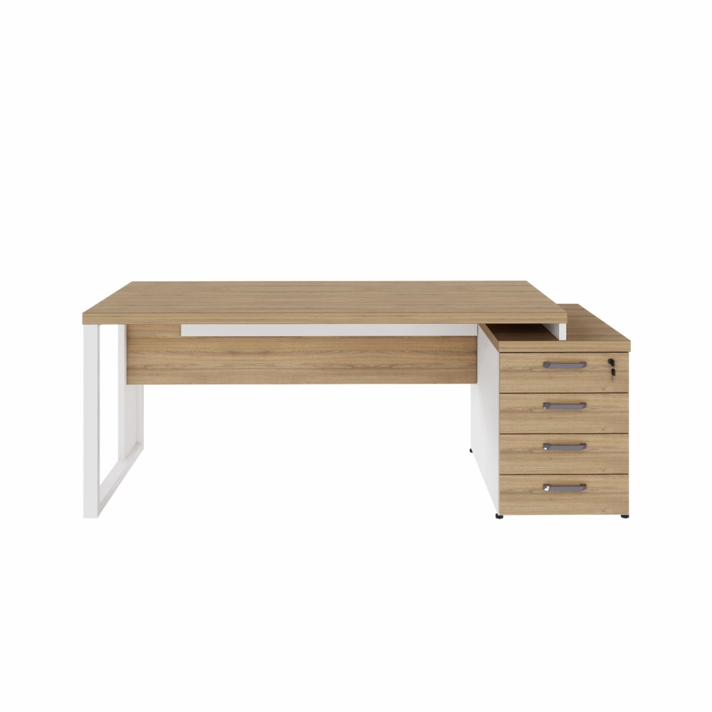 Mesa Escritório Extensível 1,70m a 1,92m 4 Gav. Pé Metal F5 Cor:Macadâmia com Branco