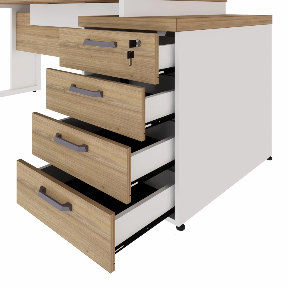 Mesa Escritório Extensível 1,70m a 1,92m 4 Gav. Pé Metal F5 Cor:Macadâmia com Branco
