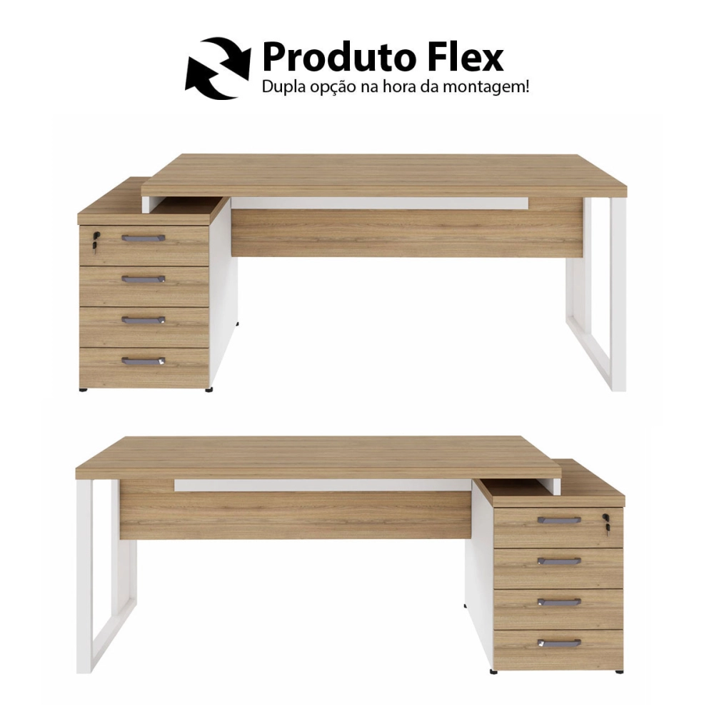 Mesa Escritório Extensível 1,70m a 1,92m 4 Gav. Pé Metal F5 Cor:Macadâmia com Branco