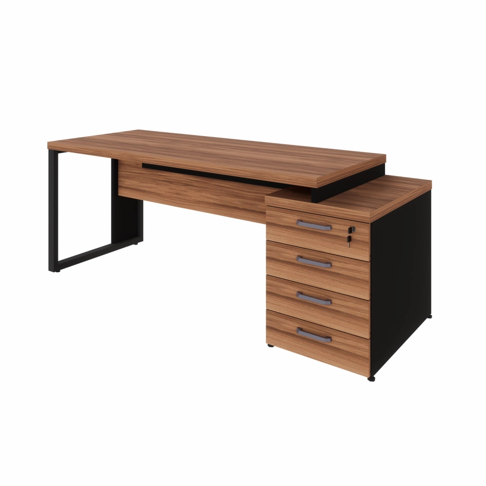 Mesa Escritório Extensível 1,70m a 1,92m 4 Gav. Pé Metal F5 Cor:Nogal com Preto
