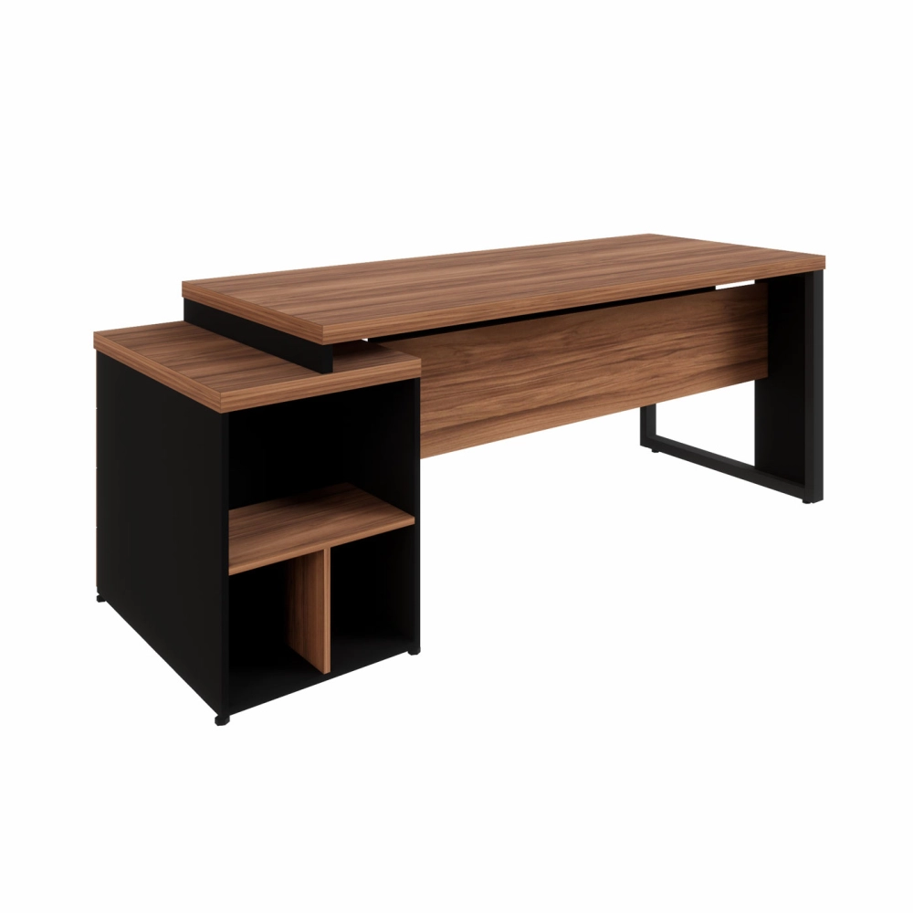 Mesa Escritório Extensível 1,70m a 1,92m 4 Gav. Pé Metal F5 Cor:Nogal com Preto
