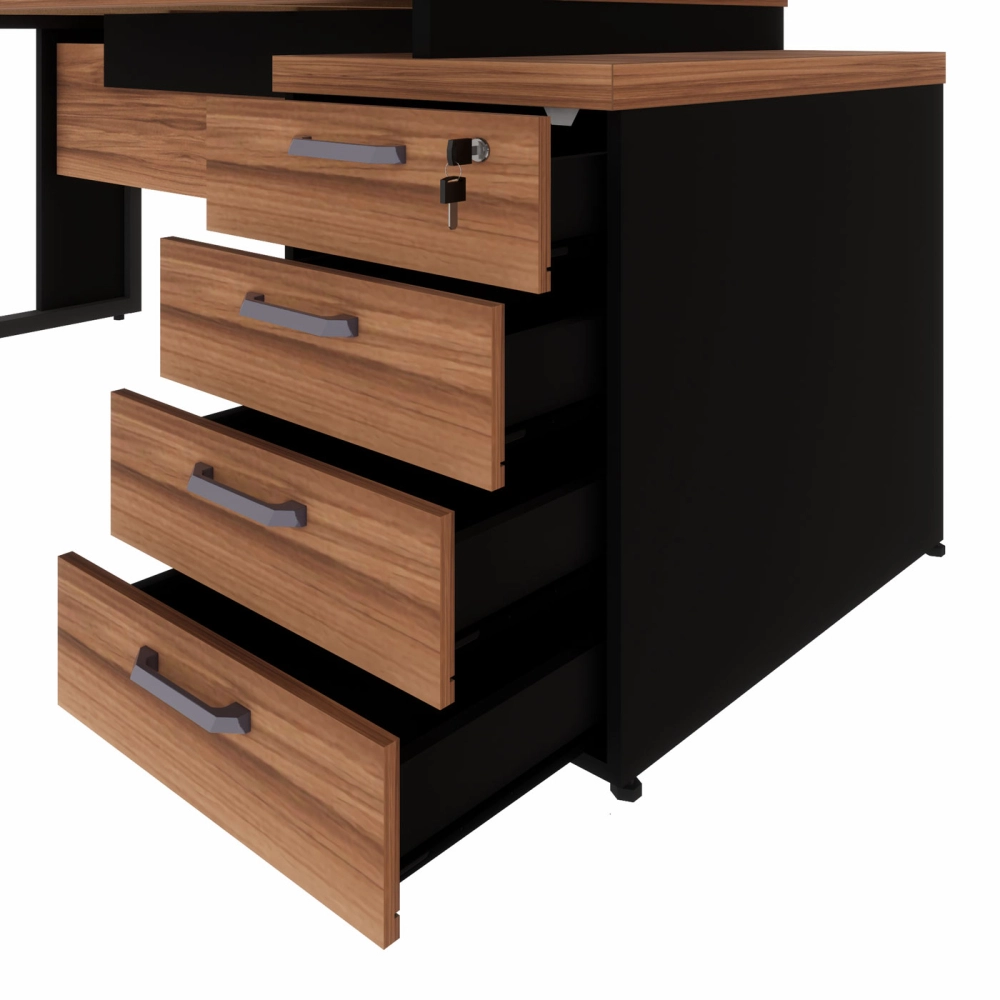 Mesa Escritório Extensível 1,70m a 1,92m 4 Gav. Pé Metal F5 Cor:Nogal com Preto