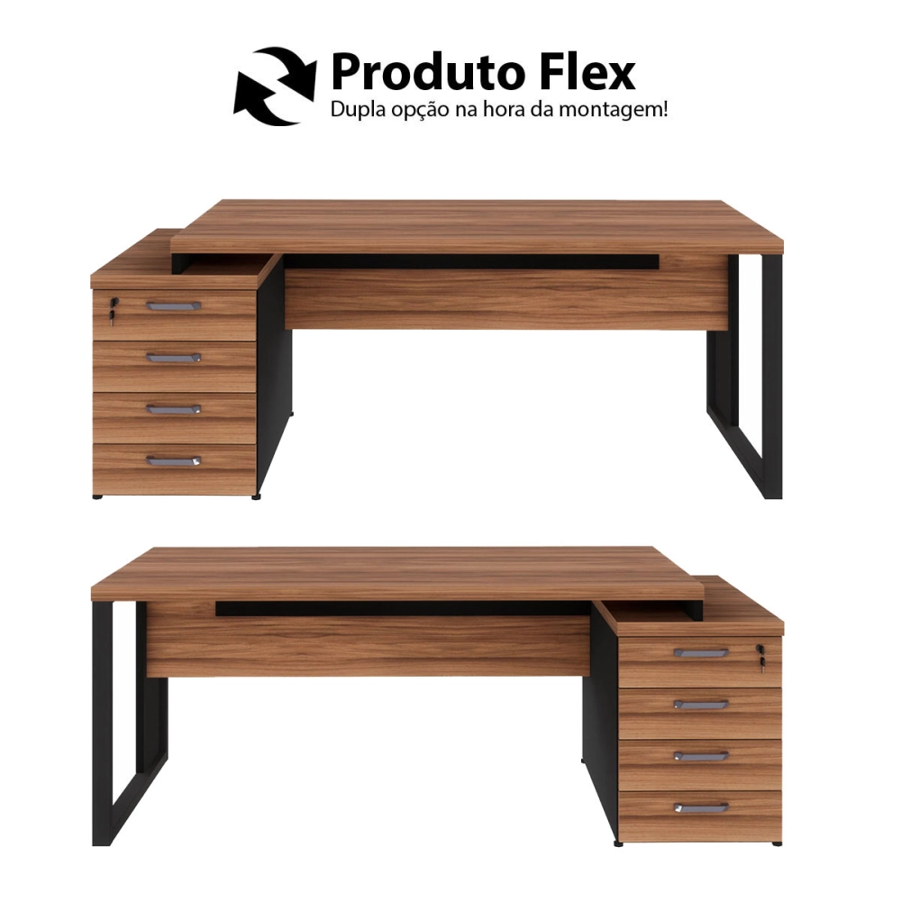 Mesa Escritório Extensível 1,70m a 1,92m 4 Gav. Pé Metal F5 Cor:Nogal com Preto
