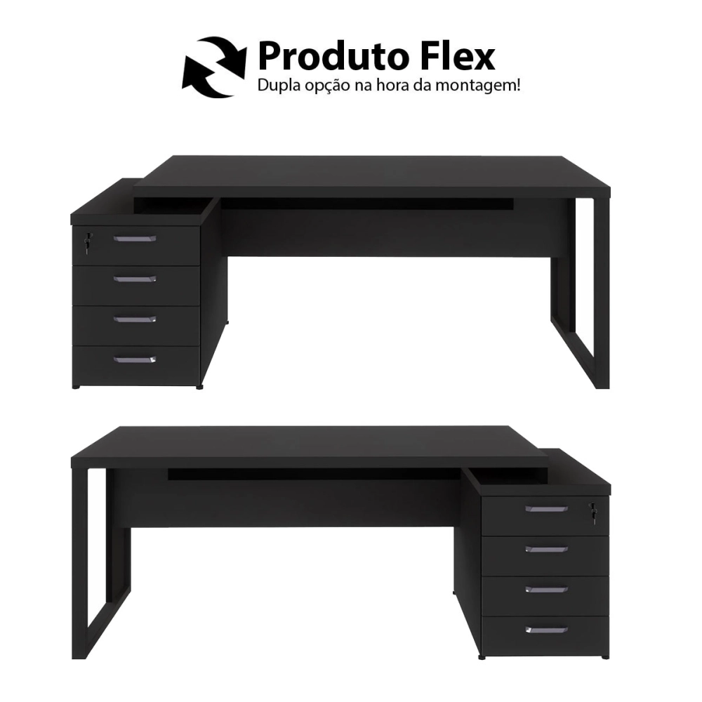 Mesa Escritório Extensível 1,70m a 1,92m 4 Gav. Pé Metal F5 Cor:Preto