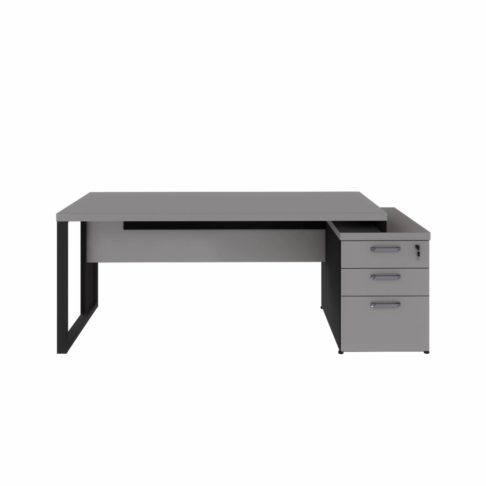 Mesa Escritório Extensível 170cm a 192cm 3 Gav. Pé Metal F5 Cor:Cinza Sagrado com Preto