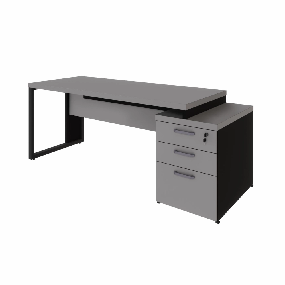 Mesa Escritório Extensível 170cm a 192cm 3 Gav. Pé Metal F5 Cor:Cinza Sagrado com Preto
