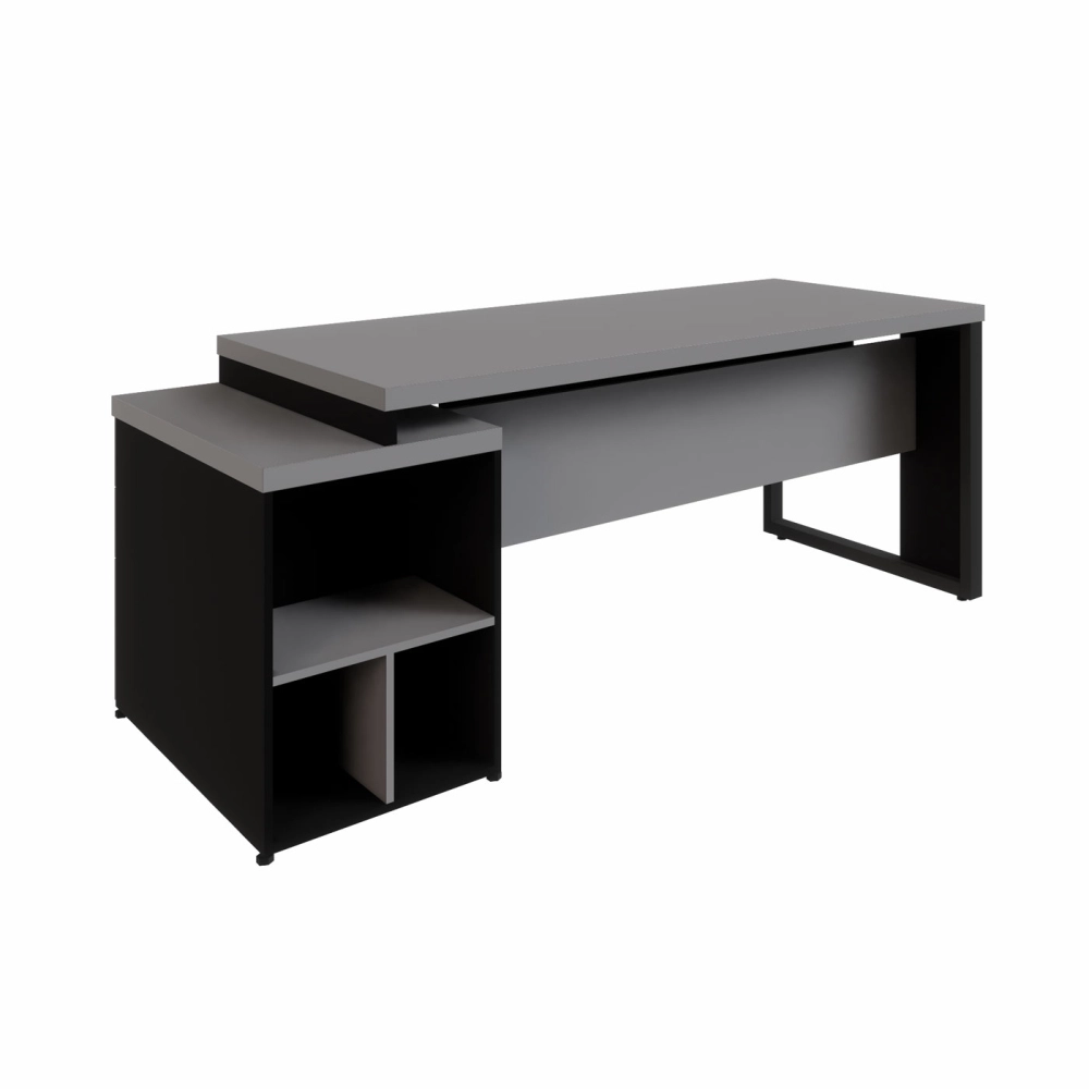 Mesa Escritório Extensível 170cm a 192cm 3 Gav. Pé Metal F5 Cor:Cinza Sagrado com Preto