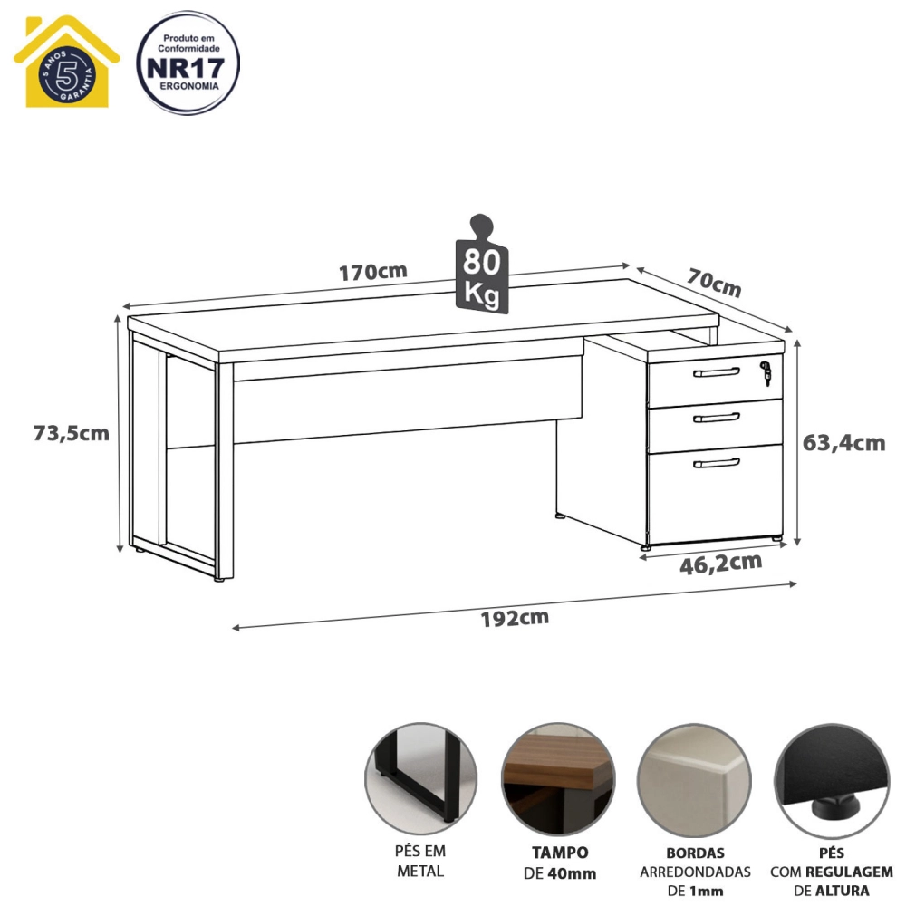 Mesa Escritório Extensível 170cm a 192cm 3 Gav. Pé Metal F5 Cor:Cinza Sagrado com Preto