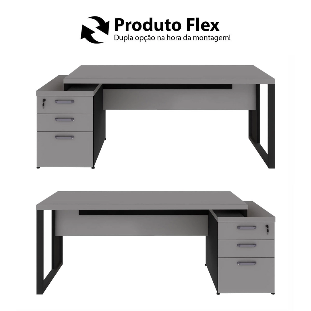 Mesa Escritório Extensível 170cm a 192cm 3 Gav. Pé Metal F5 Cor:Cinza Sagrado com Preto