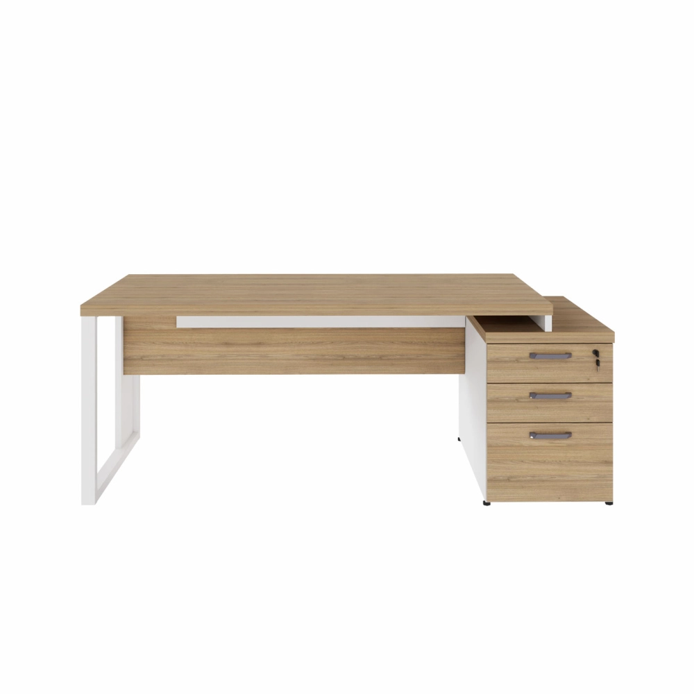 Mesa Escritório Extensível 170cm a 192cm 3 Gav. Pé Metal F5 Cor:Macadâmia com Branco